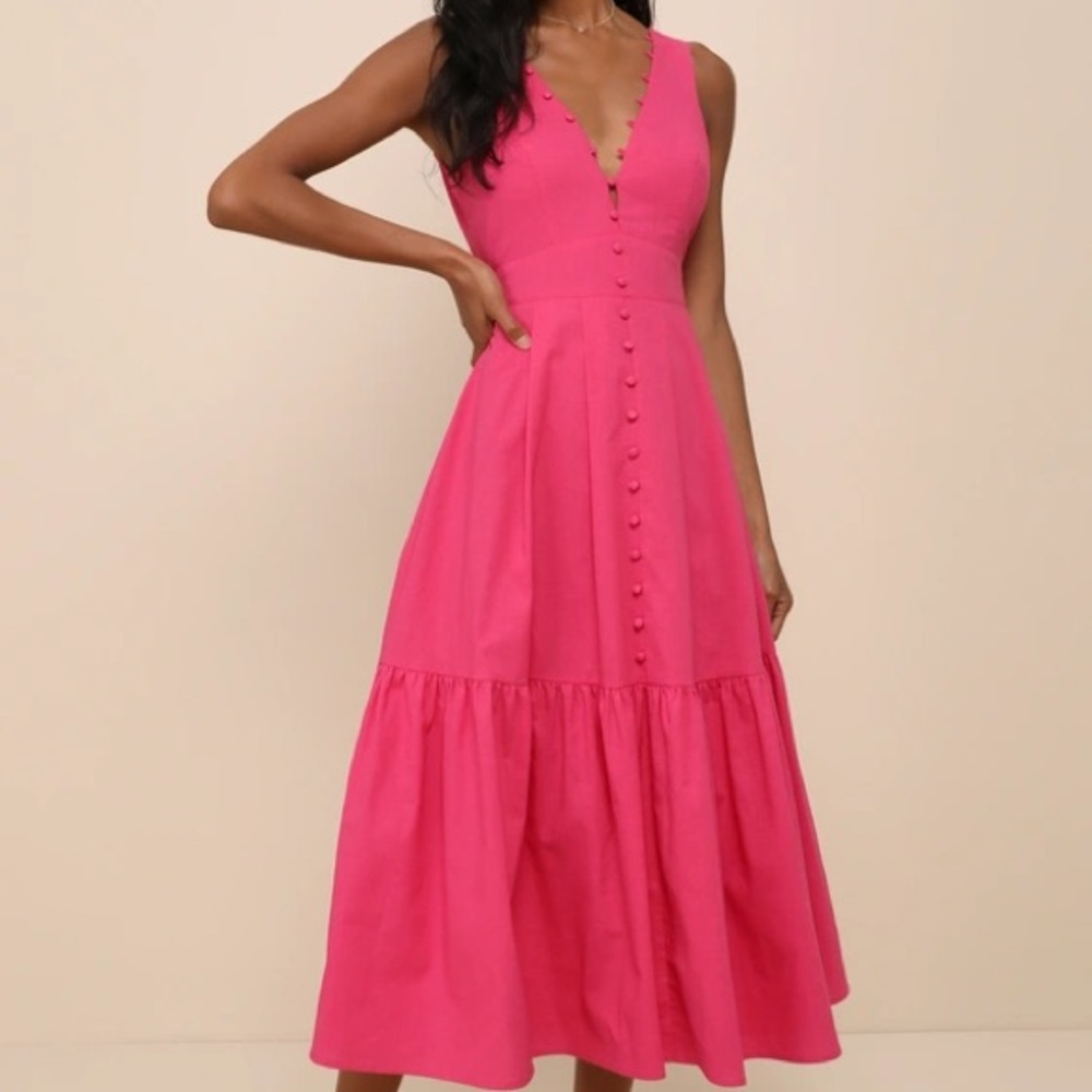 Lulu's Vibrant Pink Button-Down Midi Dress
